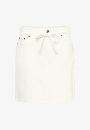 Valge teksast miniseelik esimest taskutega, metallist naeltega, nööpkinnitus ja vöökohtadega seotud kangavööga.