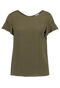 Olivgrünes, kurzärmeliges Blusenshirt mit rundem Ausschnitt und gerafften Ärmel-Details. Glatter Stoff mit lockerer Passform und minimalen Nähten.