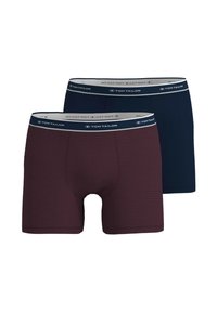 Boxershorts in kastanjebruin met dunne strepen en effen marineblauw. Beide hebben een elastische tailleband met het 'Tom Tailor' logo.