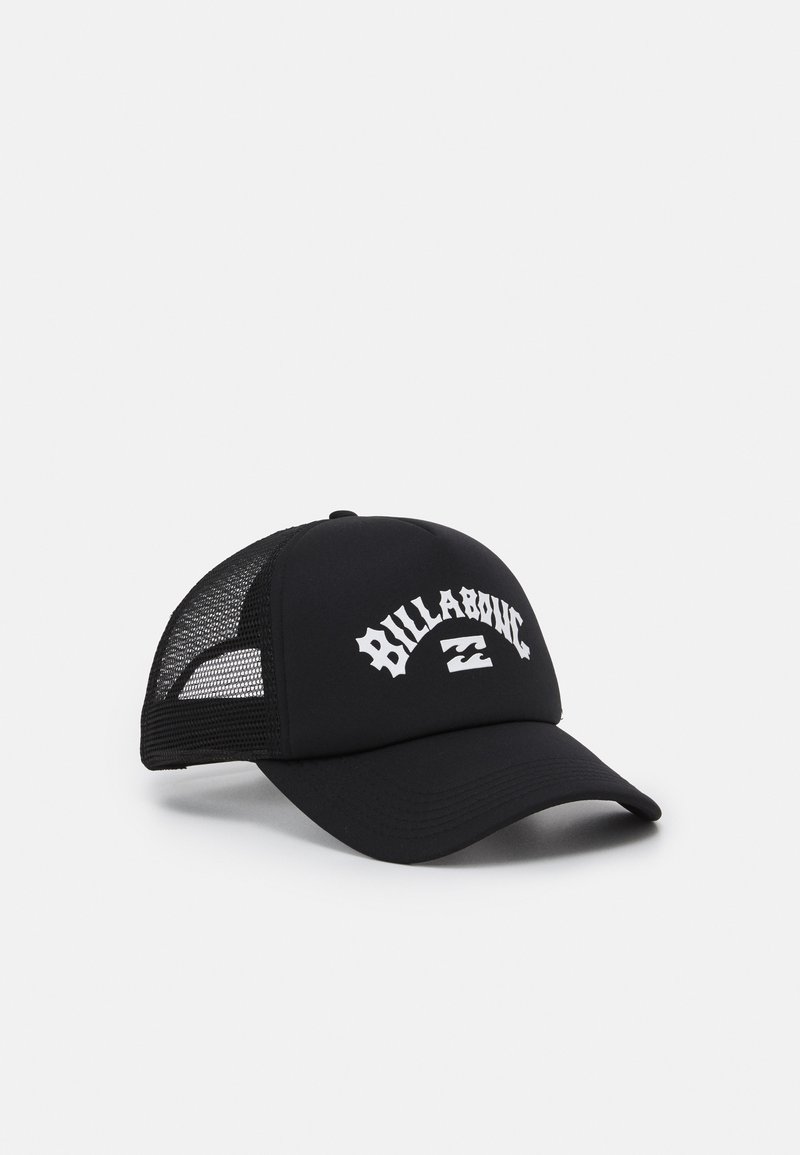 Black cap with a solid front and mesh sides, featuring white "Billabong" logo. Curved brim and adjustable strap at the back.