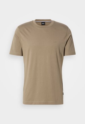 Beige kortermet t-skjorte med rund hals laget av myk bomull. Har kortermede ermer, en smal passform og en liten preget logo på brystet. Enkel design.