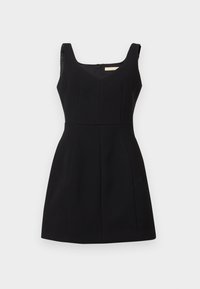 Μαύρο αμάνικο φόρεμα με V-λαιμόκοψη, υφασμάτινη υφή, εφαρμοστή κορυφή και φουσκωτό φουστάνι. Διαθέτει δύο πλαινές τσέπες και κλείσιμο με φερμουάρ στην πλάτη.