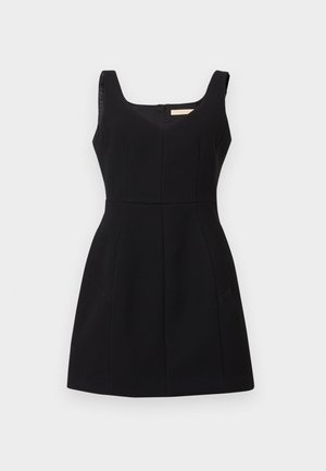 Vestido negro sin mangas con escote en V, tejido texturizado, corpiño ajustado y falda acampanada. Cuenta con dos bolsillos laterales y cierre de cremallera en la parte posterior.