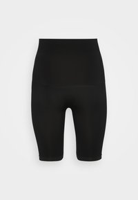Shorts compressivi neri con vita alta. Realizzati in un materiale liscio ed elastico, caratterizzati da un design senza cuciture e lunghezza fino al medio coscia.