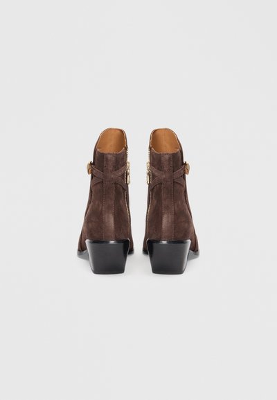 Bottines en suede marron avec une fermeture éclair sur le côté, un talon bloc et des éléments décoratifs en or. Doublure intérieure lisse et forme structurée.