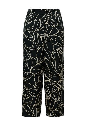 Pantalons noirs court avec un motif de feuilles crème, fabriqués à partir d'un tissu lisse. Dispose d'une taille élastique pour le confort et la facilité d'enfilage.