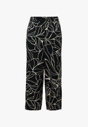 Pantalons noirs court avec un motif de feuilles crème, fabriqués à partir d'un tissu lisse. Dispose d'une taille élastique pour le confort et la facilité d'enfilage.
