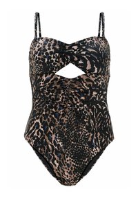 Maillot de bain une pièce avec un motif léopard en beige et noir. Caractéristiques de fronces et de découpes, avec des fines bretelles réglables.