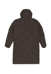 Dlouhý kapucňový prošívaný kabát v tmavě hnědé barvě s diamantovým vzorem. Obsahuje elastické manžety s kontrastním olemováním. Hladká textura látky.