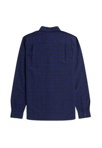 Camicia a maniche lunghe di colore blu scuro con un motivo a quadri che presenta accenti verdi e arancioni. Polsini con bottoni e design del colletto classico.
