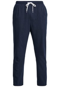 Marineblaue Nadelstreifenhose aus leichtem Stoff, mit Kordelzugbund, Seitentaschen und zulaufenden Beinen.