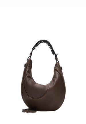 Braune, crescentförmige Ledertasche für die Schulter mit einem geflochtenen schwarzen Griff und einem verstellbaren Riemen am unteren Ende.