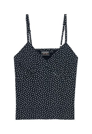 Haut à fines bretelles bleu marine avec motif floral blanc, buste froncé et étiquette de marque Superdry à l'encolure.