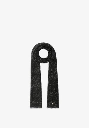 Czarny szal w białe kropki, z lekkiego materiału, z frędzlami na brzegach, zawinięty na górze na białym tle.