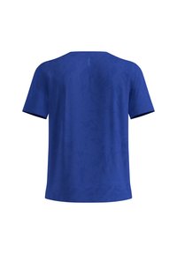 Plain blue short-sleeve t-shirt shown from the back with a small vertical logo near the neckline.