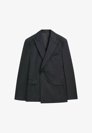 Dunkelblaues, doppelt geknöpftes Blazer aus leichtem Stoff, mit Revers, zwei vorderen Taschen und schwarzen Knöpfen. Glatte Textur, taillierte Passform.