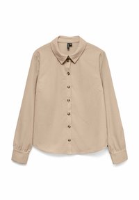 Camicia beige a maniche lunghe con colletto, chiusura frontale con bottoni e polsini elasticizzati. Tessuto texturizzato con sottili righe verticali.