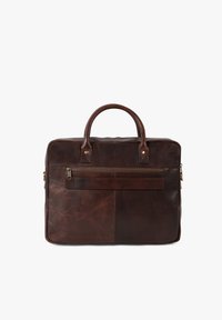 Dark brown leather briefcase with two handles, a front zippered pocket, and a horizontal strap on a plain white background.