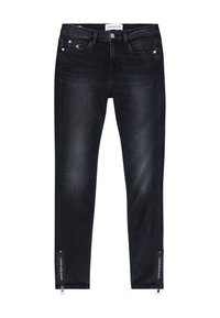 Pantalones vaqueros ajustados de denim negro con detalle de cremallera en los tobillos. Presenta un estilo clásico de cinco bolsillos y un logo en la cinturilla.