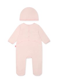 Romper rosa in cotone per neonati con cappellino abbinato. Maniche lunghe, chiusura posteriore a snap, texture morbida e cuciture a contrasto sul cappello.