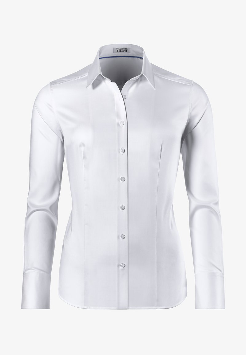 White long-sleeve shirt made from smooth fabric; features a classic collar, button closure, and slightly tapered fit.