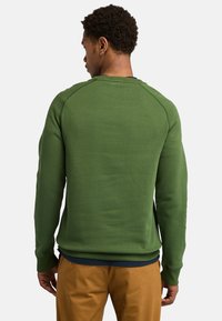 Felpa verde a maniche lunghe con maniche raglan, polsini e orlo a coste, e una texture liscia. Indossata sopra una maglietta blu navy e pantaloni color sabbia.