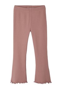 Weiche, rosa gerippte Strickhosen mit ausgestellten Beinen und Rüschensäumen, ausgestattet mit einem elastischen Bund.