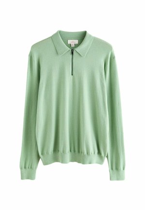Lys grøn pullover sweater med lange ærmer, krave og halv lynlås. Blød tekstur med ribbede manchetter og kant.