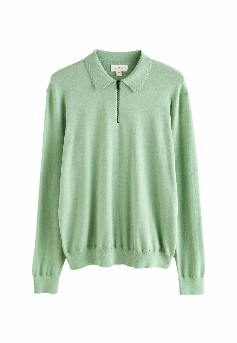 Hellgrüner Pullover mit langen Ärmeln, Kragen und einem halben Reißverschluss. Weicher Stoff mit gerippten Bündchen und Saum.