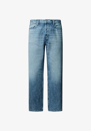 Hele sinised sirge säärega teksapüksid esitaskute, vööaasa ja nööpkinnitusega, kus on näha peent pleekimist ja kortsukesi.