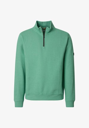 Hellgrüner Langarm-Pullover mit halbem Reißverschluss am Kragen, strukturiertem Stoff, gerippten Bündchen und Saum, auf weißem Hintergrund dargestellt.