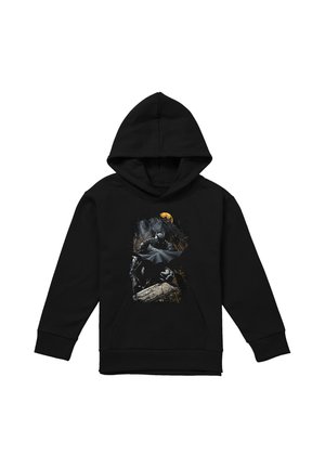 Schwarzer Kapuzenpullover mit einer dunklen Grafik von Batman, der auf einem Dach kauert, mit einem leuchtenden Vollmond im Hintergrund.