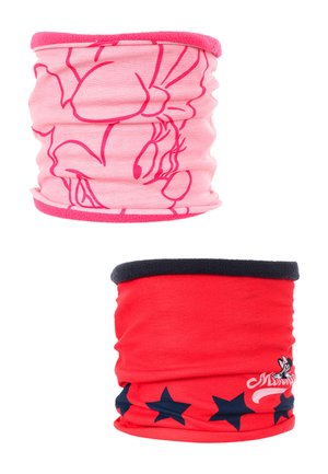 Two neck gaiters: one pink with a Minnie Mouse outline, and one red with navy stars and a Minnie Mouse graphic. Soft fabric, stretchy design.