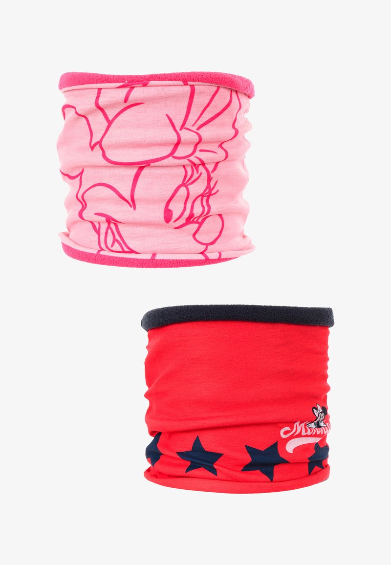 Due gaiter per il collo: uno rosa con il contorno di Minnie Mouse e uno rosso con stelle navy e una grafica di Minnie Mouse. Tessuto morbido, design elastico.