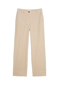 Pantalons larges beige en matière douce. Dotés d'une fermeture à bouton, de deux poches latérales et d'un design épuré et minimaliste.
