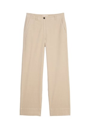 Beige weite Hose aus einem weichen Material. Verfügt über einen Knopfverschluss, zwei Seitentaschen und ein schlichtes, minimalistisches Design.