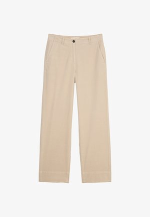 Beige weite Hose aus einem weichen Material. Verfügt über einen Knopfverschluss, zwei Seitentaschen und ein schlichtes, minimalistisches Design.