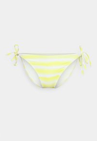 Biquíni de fio amarelo e branco com fechos de laço de cada lado, apresentando uma textura suave e um design ajustado.