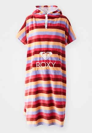 Fargerik hetteponcho med korte ermer, med striper i rød, lilla og gul. Inkluderer en frontlomme med "ROXY"-logo. Myk tekstur.