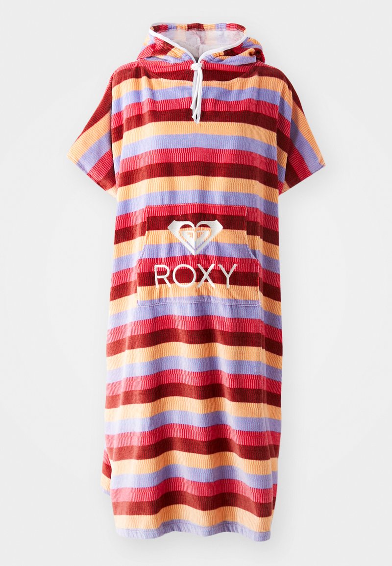Värikäs huppuponcho lyhyillä hihoilla, jonka koristeluna on punaisia, purppuroita ja keltaisia raitoja. sisältää etutaskun, jossa on "ROXY"-logo. Pehmeä rakenne.