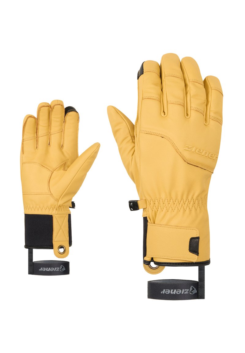 Gelbe isolierte Handschuhe mit strukturierter Oberfläche, elastischen Bündchen und schwarzen Akzenten. Verfügt über ein Logo und verstellbare Riemen für einen sicheren Sitz.