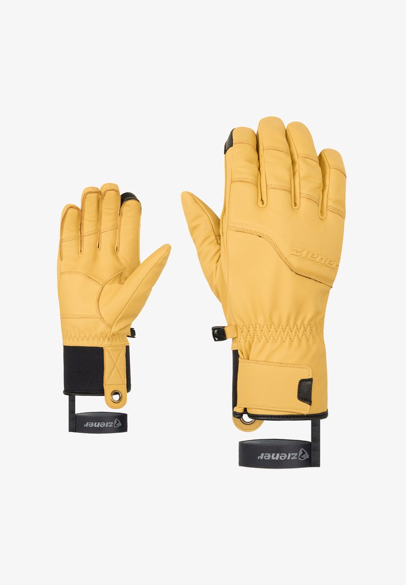 Gelbe isolierte Handschuhe mit strukturierter Oberfläche, elastischen Bündchen und schwarzen Akzenten. Verfügt über ein Logo und verstellbare Riemen für einen sicheren Sitz.