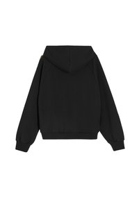 Czarna bluza z kapturem o długich rękawach, z wysokim kołnierzem, elastycznymi mankietami i ściągaczem u dołu, pokazana od tyłu na białym tle.