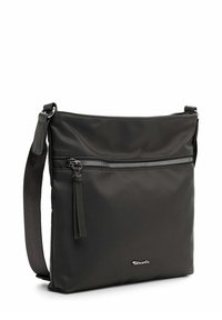 Sac bandoulière noir en nylon lisse avec une poche zippée argentée et une bandoulière détachable. Présente un détail de logo et un design minimaliste.