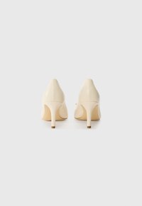Beige high-heeled shoes with a pointed toe, smooth leather texture, and slender stiletto heels, featuring a minimalist design and subtle branding.