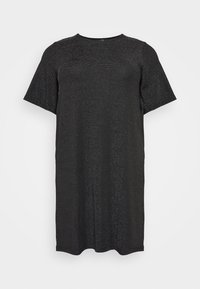 Schwarzes Kurzarmkleid aus strukturiertem Stoff mit subtiler Schimmerung. Rundhalsausschnitt und gerade Silhouette, knielanger Schnitt.