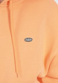 Oranje hoodie van zacht materiaal met een trekkoord. Heeft een klein ovaal logo in zilvergrijs dat op de borst is gestikt.