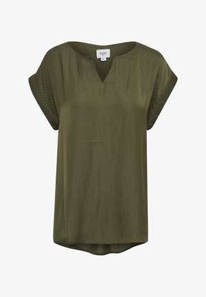 Olijfgroen blouse met korte mouwen, een V-hals en een subtiel stippenpatroon. Lichtgewicht stof met een relaxed fit en een gebogen zoom.