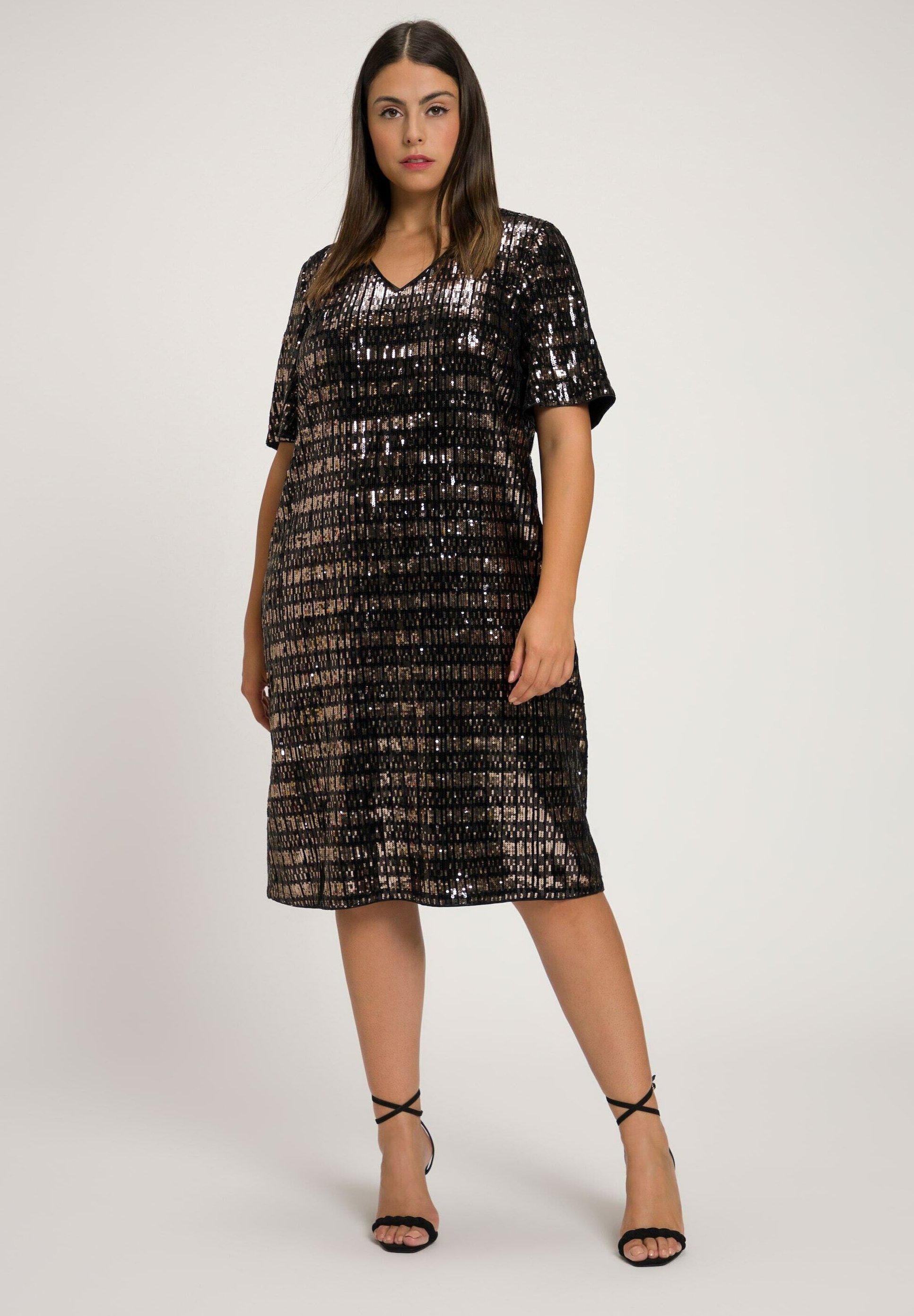 Ulla Popken Damenkleid Mit Blütenprint – Tunika-Ausschnitt, Volant-Rock, 3/4-Ärmel Mit Rüschen