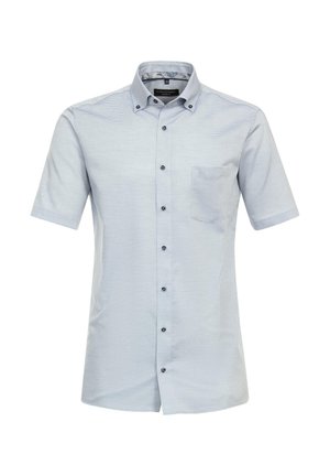 Kurze Hemden mit Knöpfen aus hellblauem Chambray, mit einer kleinen Brusttasche, einem markanten Muster und dunklen Knöpfen.